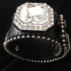 Rocker Black Leather and Crystal Cuff